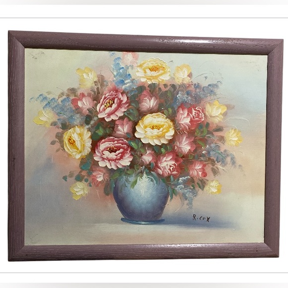 Robert Cox Still Life Oil 16x20 Canvas Painting Pink Yellow Floral Framed 18x22 - Picture 1 of 8